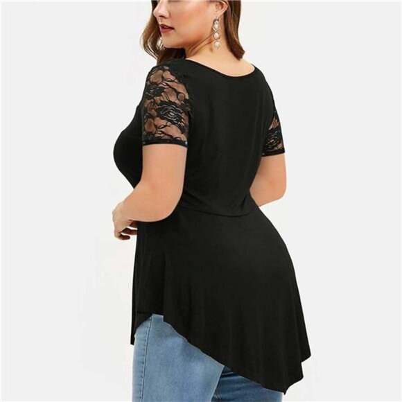 Womens Plus Size Tops O-Neck Asymmetric Short Sleeve Tunics Lace Blouse Shirts - Picture 3 of 4